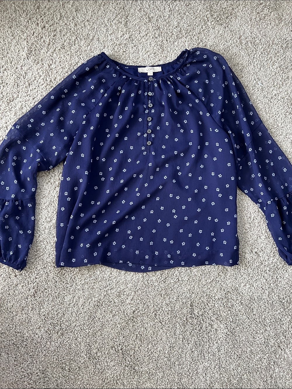 LOFT Navy Floral Button-Peasant Blouse